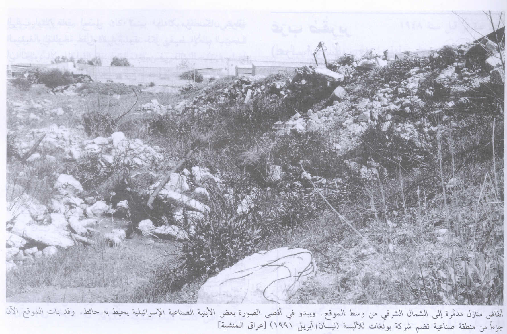 صورة لقرية عراق المنشية - فلسطين: : أطلال القرية المدمرة واضحة، اُنقر الصورة لتكبيرها. 1991