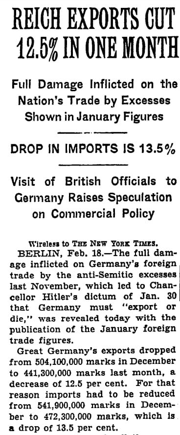 NYTimes Feb 19th 1939 REICH EXPORTS CUT 12.5 % IN ONE MONTH