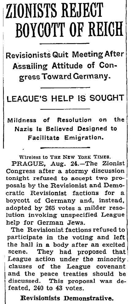NYTimes, Aug 25th 1933: Zionists Rejected Boycott of Reich