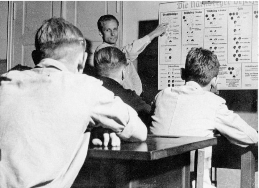 Nuremberg Laws are explained during an ideological training program in the Hitler Youth camp at Hohenelse in Brandenburg 1937