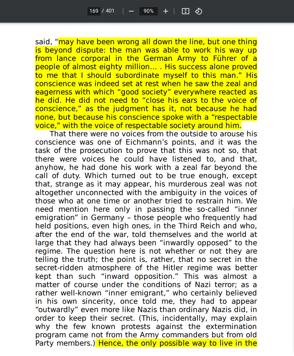Eichmann in Jerusalem, A Report On The Banality Of Evil by Hannah Arendt page 169