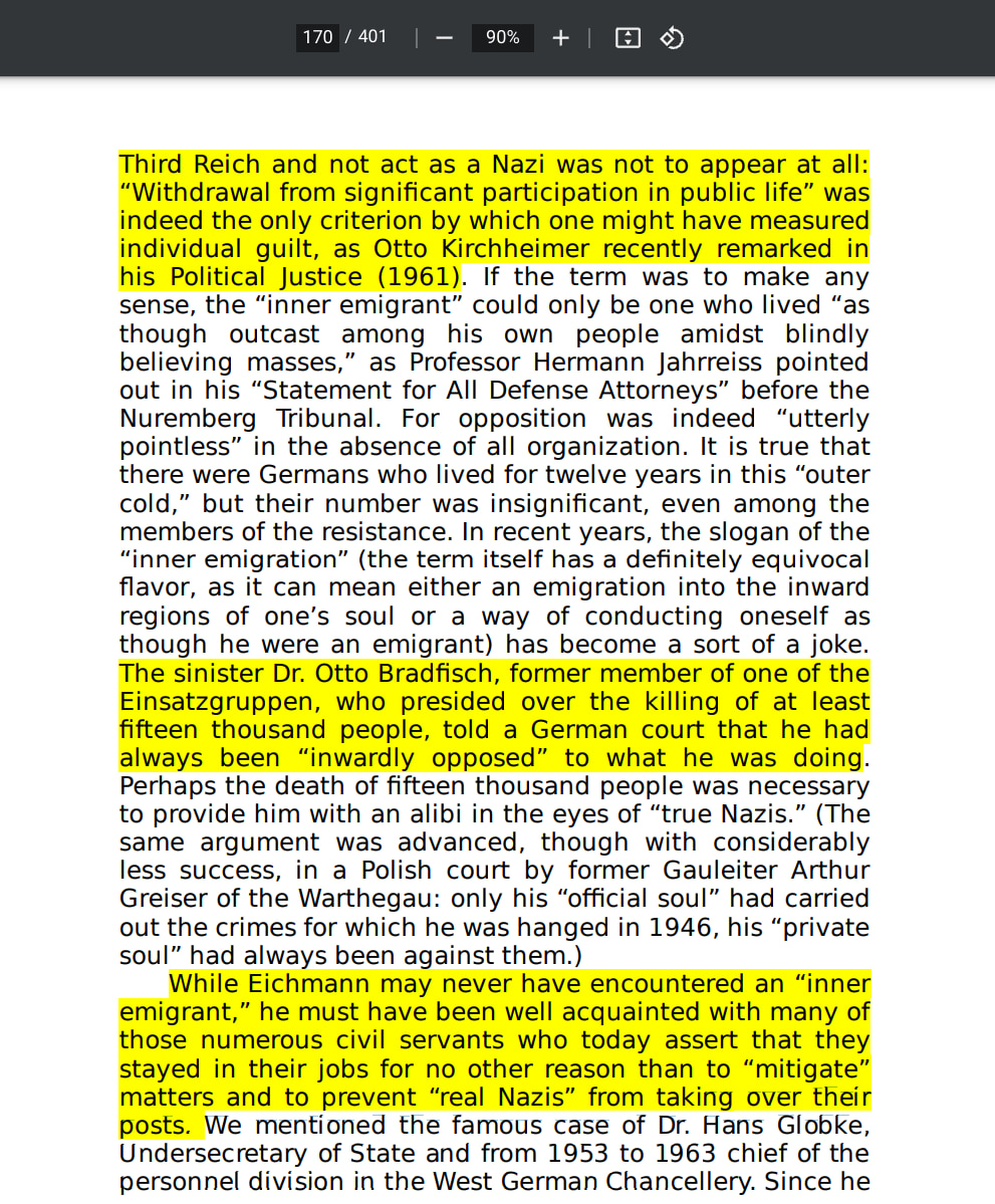 Eichmann in Jerusalem, A Report On The Banality Of Evil by Hannah Arendt page 170