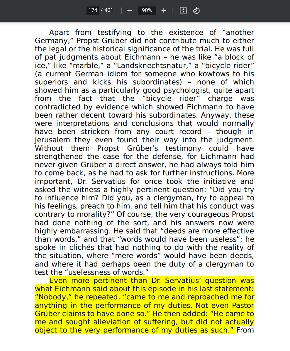 Eichmann in Jerusalem, A Report On The Banality Of Evil by Hannah Arendt page 174