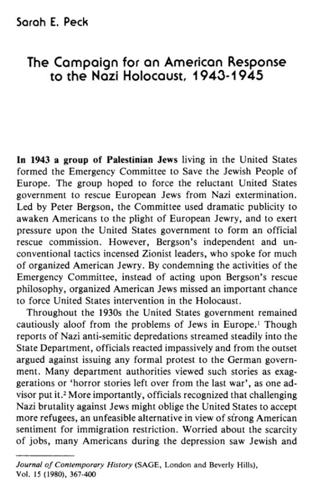 The_Campaign for an American Response To The Nazi Holocaust 1943 - 1945 By Sarah E. Peck page 367