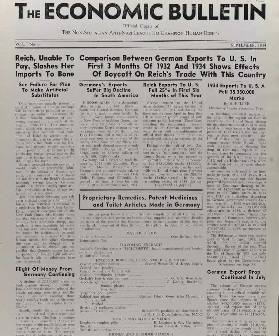 The Economic Bulletin Of The Anti-Nazi-League, Sept. 1934 Report